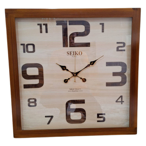 ساعت دیواری مربع چوبی تمام قهوهای داخل کرم 70 سانتی با اعداد انگلیسی
