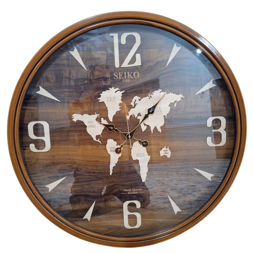 ساعت دیواری گرد ۷۵ سانتی سیکو چوبی قهوهای با اعداد نیزهای و طرح نقشه جهان