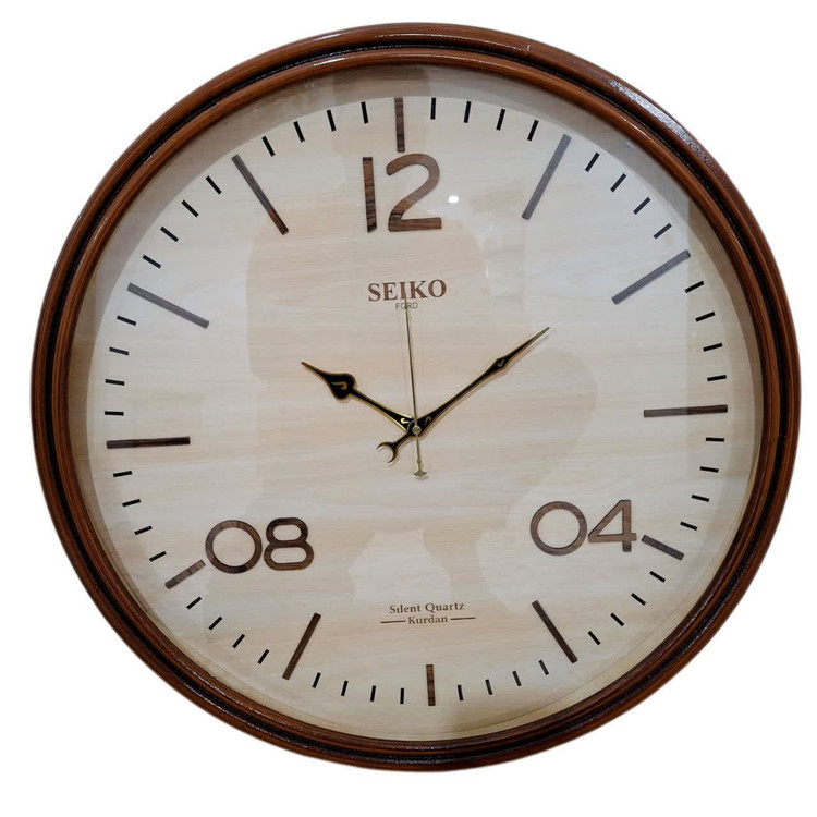 ساعت دیواری گرد ۶۰ سانتی سیکو چوبی قهوهای داخل کرم با اعداد جدید