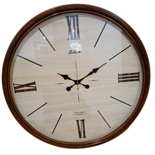 ساعت دیواری گرد ۷۵ سانتی چوبی قهوهای داخل کرم با اعداد رومی خطی