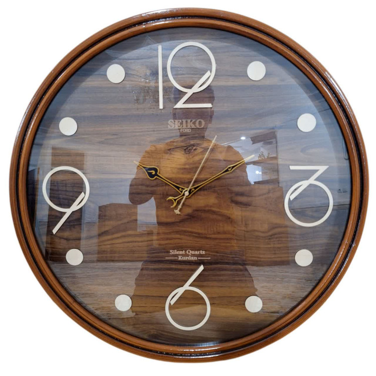 ساعت دیواری گرد ۶۰ سانتی چوبی قهوهای با اعداد فانتزی