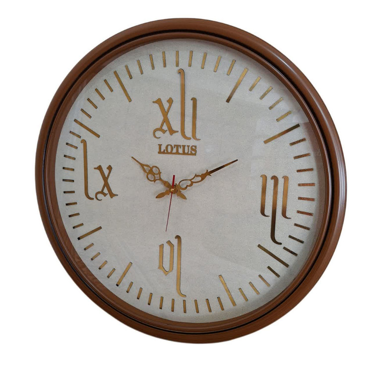 ساعت دیواری گرد ۶۵ سانتی لوتوس فایبر قهوهای داخل کرم با اعداد پلکسی یونانی طلایی